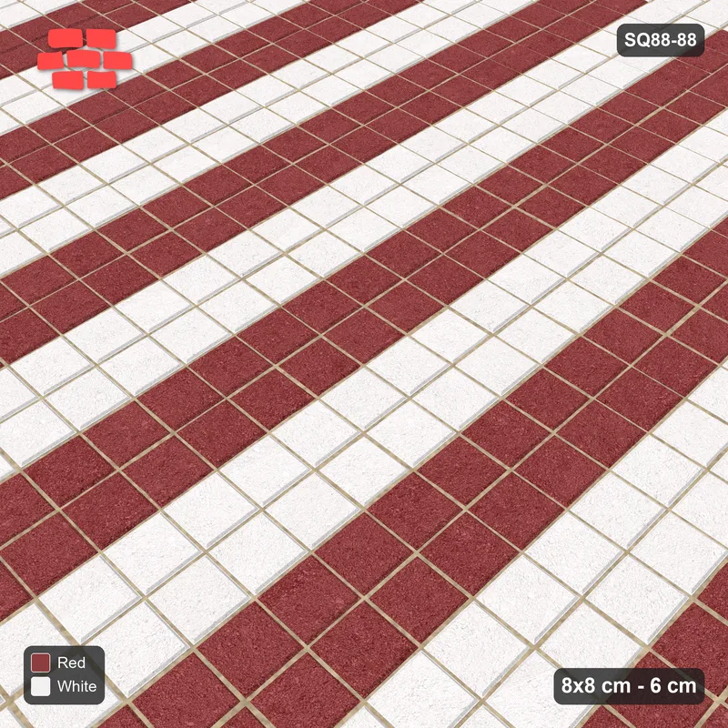 Interlock (Pasco) 8x8 cm · SQ88-88 · Stack Bond Paired Column Stripes in Double Cobble Border · Side view Interlock (Pasco) 8x8 cm · SQ88-88 · Stack Bond Paired Column Stripes in Double Cobble Border · Side view