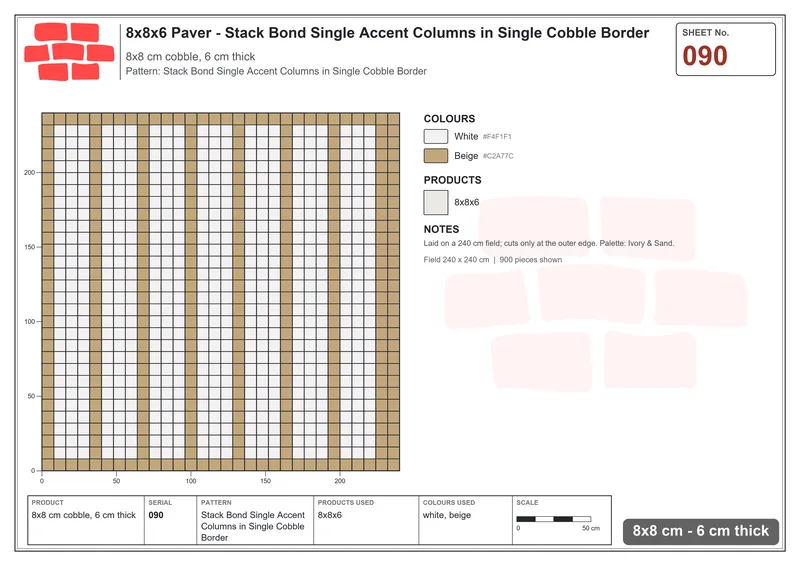 Interlock (Pasco) 8x8 cm · SQ88-90 · Stack Bond Single Accent Columns in Single Cobble Border · Laying plan Interlock (Pasco) 8x8 cm · SQ88-90 · Stack Bond Single Accent Columns in Single Cobble Border · Laying plan