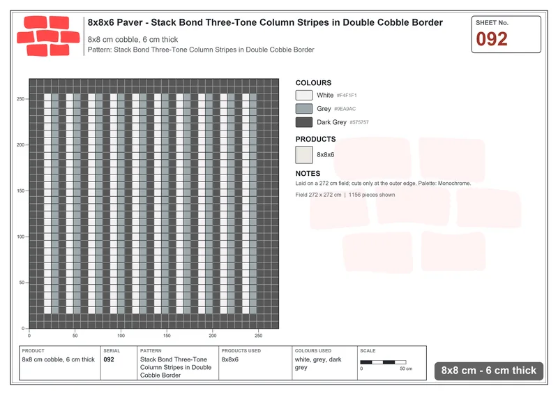 Interlock (Pasco) 8x8 cm · SQ88-92 · Stack Bond Three-Tone Column Stripes in Double Cobble Border · Laying plan Interlock (Pasco) 8x8 cm · SQ88-92 · Stack Bond Three-Tone Column Stripes in Double Cobble Border · Laying plan