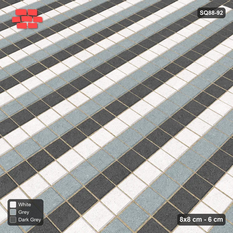 Interlock (Pasco) 8x8 cm · SQ88-92 · Stack Bond Three-Tone Column Stripes in Double Cobble Border · Side view Interlock (Pasco) 8x8 cm · SQ88-92 · Stack Bond Three-Tone Column Stripes in Double Cobble Border · Side view