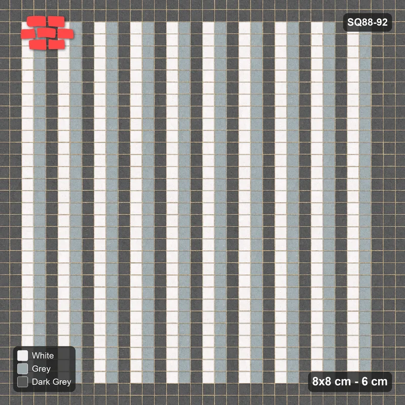 Interlock (Pasco) 8x8 cm · SQ88-92 · Stack Bond Three-Tone Column Stripes in Double Cobble Border · Top view Interlock (Pasco) 8x8 cm · SQ88-92 · Stack Bond Three-Tone Column Stripes in Double Cobble Border · Top view