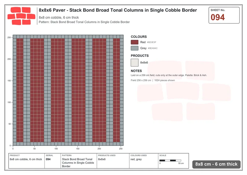 Interlock (Pasco) 8x8 cm · SQ88-94 · Stack Bond Broad Tonal Columns in Single Cobble Border · Laying plan Interlock (Pasco) 8x8 cm · SQ88-94 · Stack Bond Broad Tonal Columns in Single Cobble Border · Laying plan