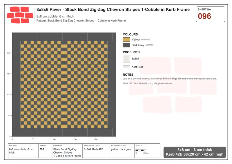 Interlock (Pasco) 8x8 cm · SQ88-96 · Stack Bond Zig-Zag Chevron Stripes 1-Cobble in Kerb Frame · Laying plan Interlock (Pasco) 8x8 cm · SQ88-96 · Stack Bond Zig-Zag Chevron Stripes 1-Cobble in Kerb Frame · Laying plan