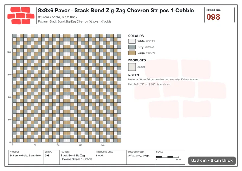 Interlock (Pasco) 8x8 cm · SQ88-98 · Stack Bond Zig-Zag Chevron Stripes 1-Cobble · Laying plan Interlock (Pasco) 8x8 cm · SQ88-98 · Stack Bond Zig-Zag Chevron Stripes 1-Cobble · Laying plan