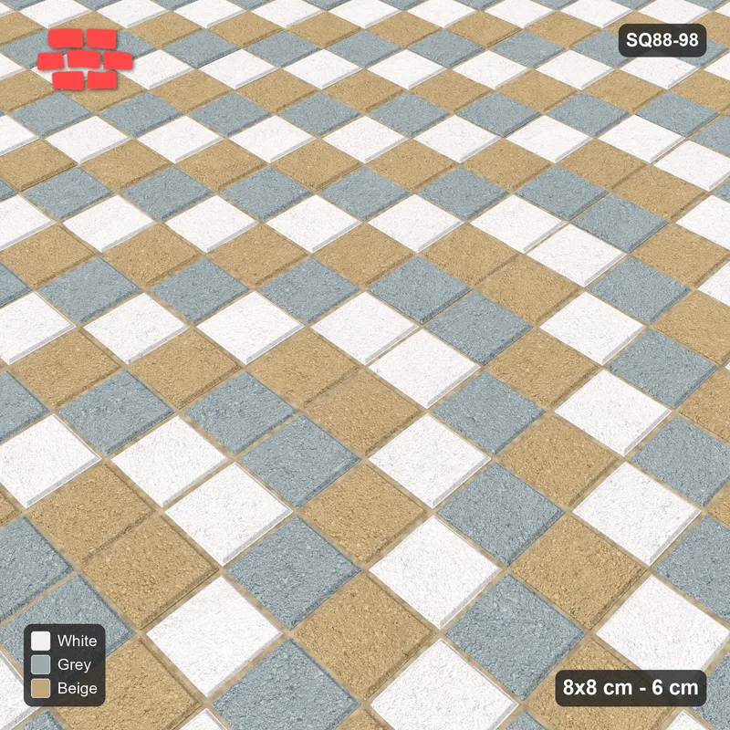 Interlock (Pasco) 8x8 cm · SQ88-98 · Stack Bond Zig-Zag Chevron Stripes 1-Cobble · Side view Interlock (Pasco) 8x8 cm · SQ88-98 · Stack Bond Zig-Zag Chevron Stripes 1-Cobble · Side view