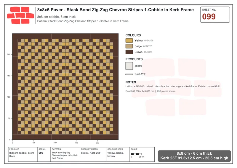 Interlock (Pasco) 8x8 cm · SQ88-99 · Stack Bond Zig-Zag Chevron Stripes 1-Cobble in Kerb Frame · Laying plan Interlock (Pasco) 8x8 cm · SQ88-99 · Stack Bond Zig-Zag Chevron Stripes 1-Cobble in Kerb Frame · Laying plan