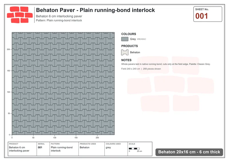 Interlock (Pasco) 20x16 cm · BEH-001 · Plain running-bond interlock · Laying plan