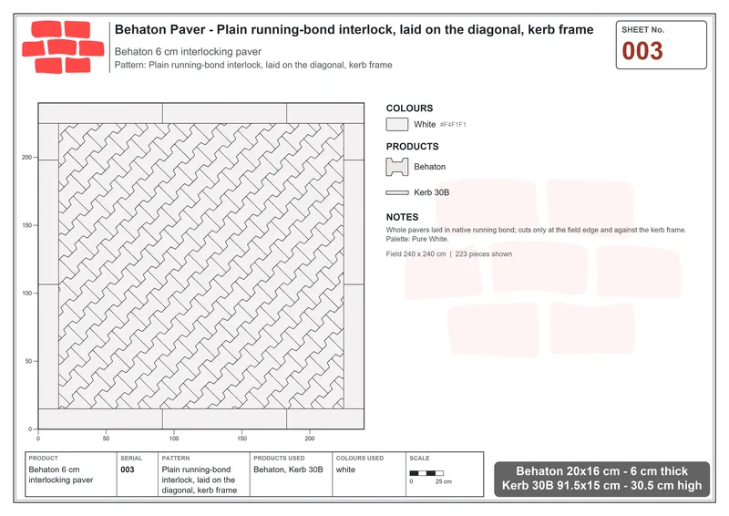 Interlock (Pasco) 20x16 cm · BEH-003 · Plain running-bond interlock, laid on the diagonal, kerb frame · Laying plan