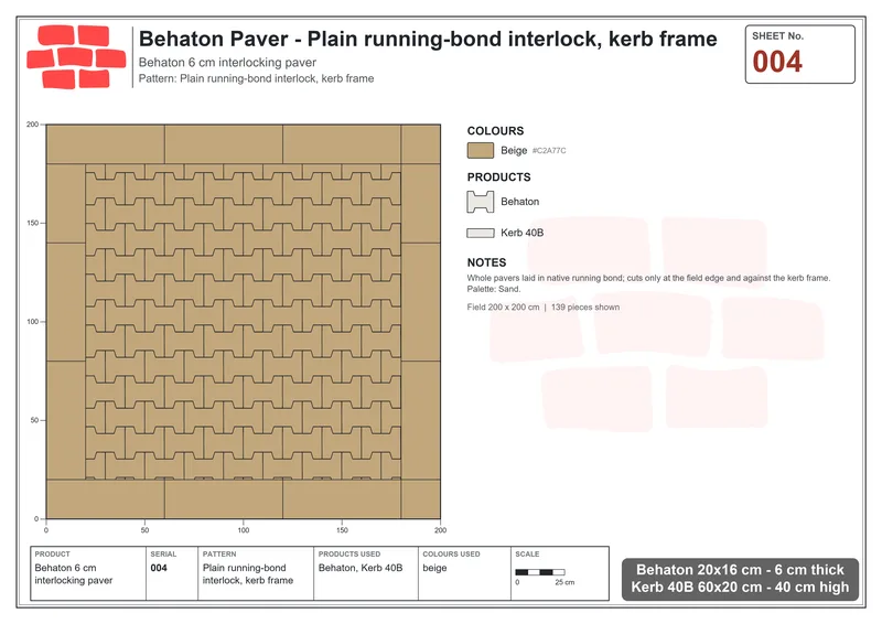 Interlock (Pasco) 20x16 cm · BEH-004 · Plain running-bond interlock, kerb frame · Laying plan