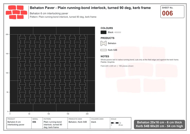 Interlock (Pasco) 20x16 cm · BEH-006 · Plain running-bond interlock, turned 90 deg, kerb frame · Laying plan
