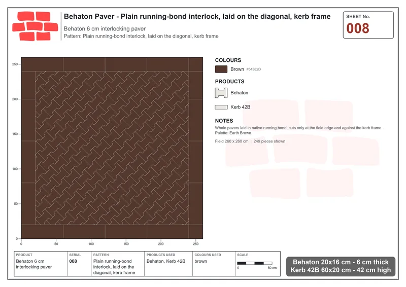 Interlock (Pasco) 20x16 cm · BEH-008 · Plain running-bond interlock, laid on the diagonal, kerb frame · Laying plan