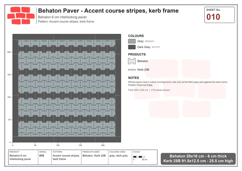 Interlock (Pasco) 20x16 cm · BEH-010 · Accent course stripes, kerb frame · Laying plan