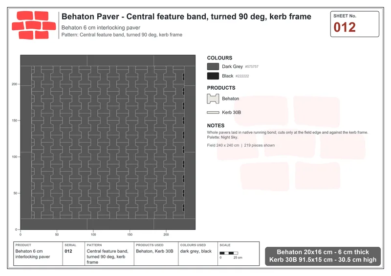 Interlock (Pasco) 20x16 cm · BEH-012 · Central feature band, turned 90 deg, kerb frame · Laying plan