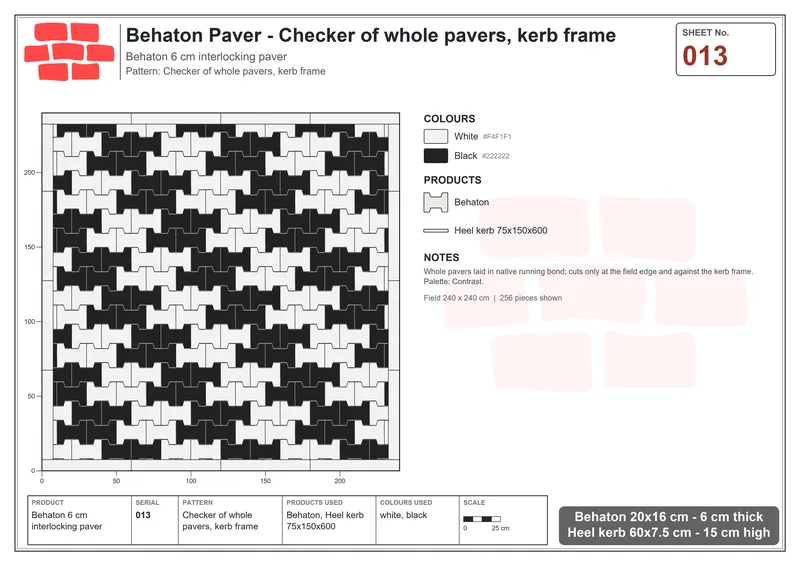 Interlock (Pasco) 20x16 cm · BEH-013 · Checker of whole pavers, kerb frame · Laying plan