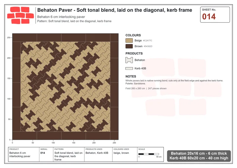 Interlock (Pasco) 20x16 cm · BEH-014 · Soft tonal blend, laid on the diagonal, kerb frame · Laying plan