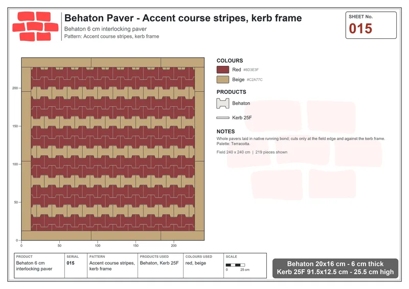 Interlock (Pasco) 20x16 cm · BEH-015 · Accent course stripes, kerb frame · Laying plan