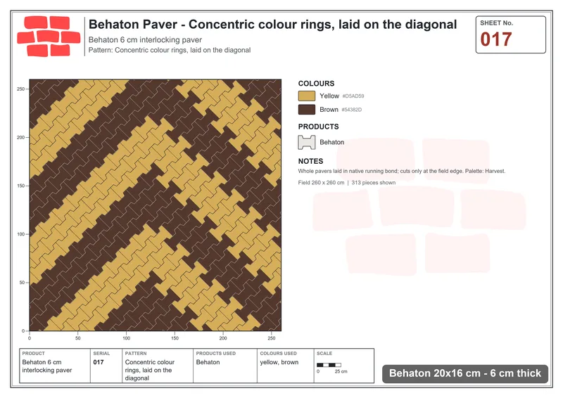Interlock (Pasco) 20x16 cm · BEH-017 · Concentric colour rings, laid on the diagonal · Laying plan