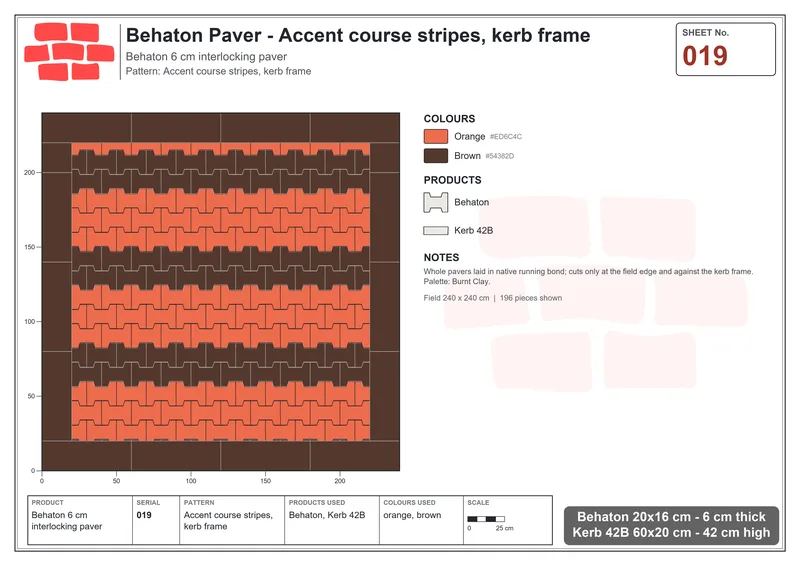 Interlock (Pasco) 20x16 cm · BEH-019 · Accent course stripes, kerb frame · Laying plan