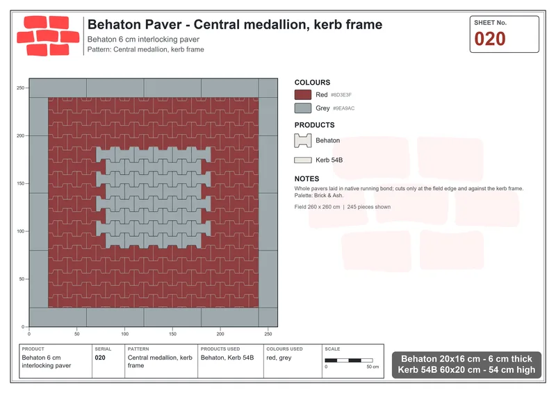 Interlock (Pasco) 20x16 cm · BEH-020 · Central medallion, kerb frame · Laying plan
