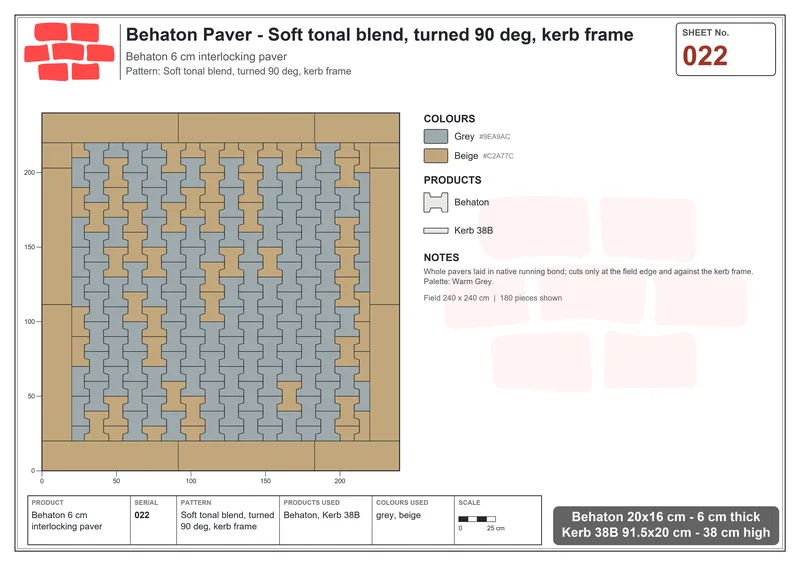 Interlock (Pasco) 20x16 cm · BEH-022 · Soft tonal blend, turned 90 deg, kerb frame · Laying plan