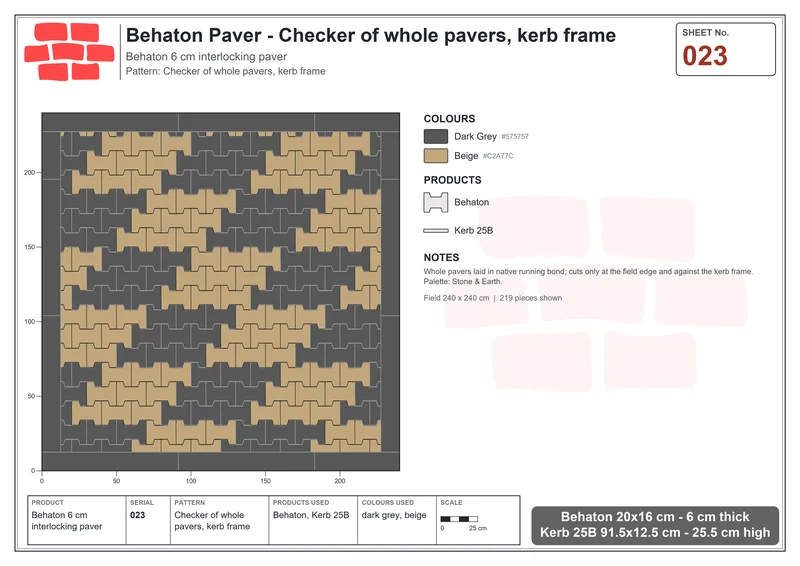 Interlock (Pasco) 20x16 cm · BEH-023 · Checker of whole pavers, kerb frame · Laying plan