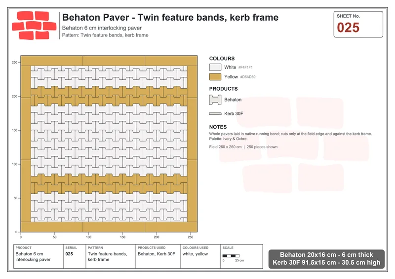 Interlock (Pasco) 20x16 cm · BEH-025 · Twin feature bands, kerb frame · Laying plan