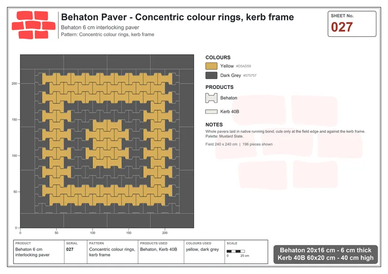 Interlock (Pasco) 20x16 cm · BEH-027 · Concentric colour rings, kerb frame · Laying plan