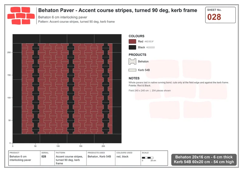 Interlock (Pasco) 20x16 cm · BEH-028 · Accent course stripes, turned 90 deg, kerb frame · Laying plan