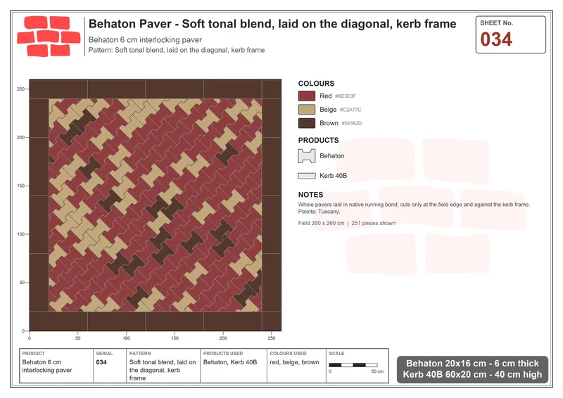 Interlock (Pasco) 20x16 cm · BEH-034 · Soft tonal blend, laid on the diagonal, kerb frame · Laying plan