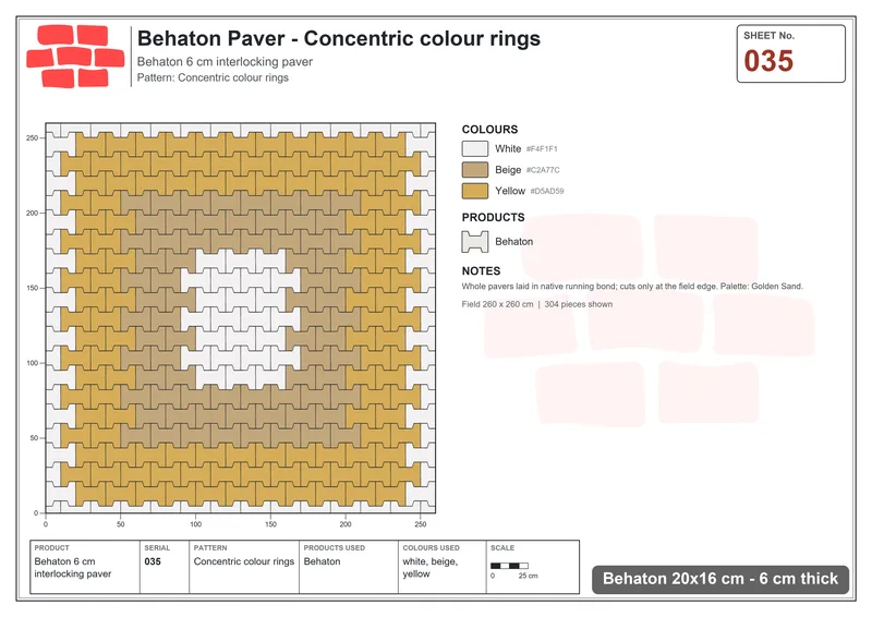 Interlock (Pasco) 20x16 cm · BEH-035 · Concentric colour rings · Laying plan