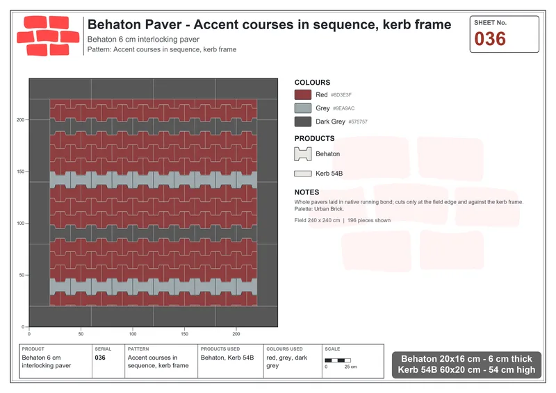 Interlock (Pasco) 20x16 cm · BEH-036 · Accent courses in sequence, kerb frame · Laying plan