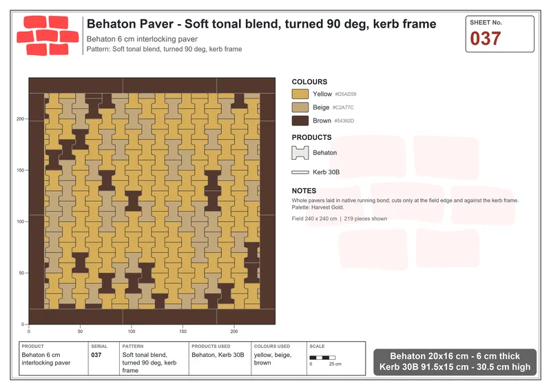 Interlock (Pasco) 20x16 cm · BEH-037 · Soft tonal blend, turned 90 deg, kerb frame · Laying plan