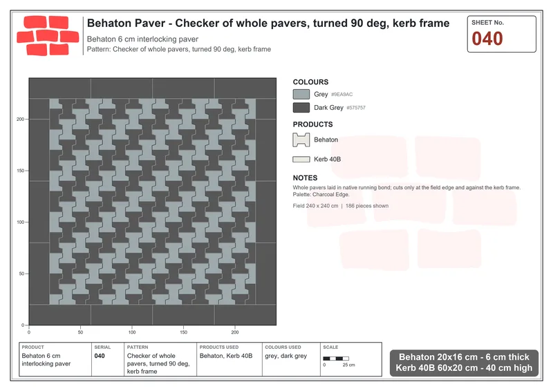 Interlock (Pasco) 20x16 cm · BEH-040 · Checker of whole pavers, turned 90 deg, kerb frame · Laying plan