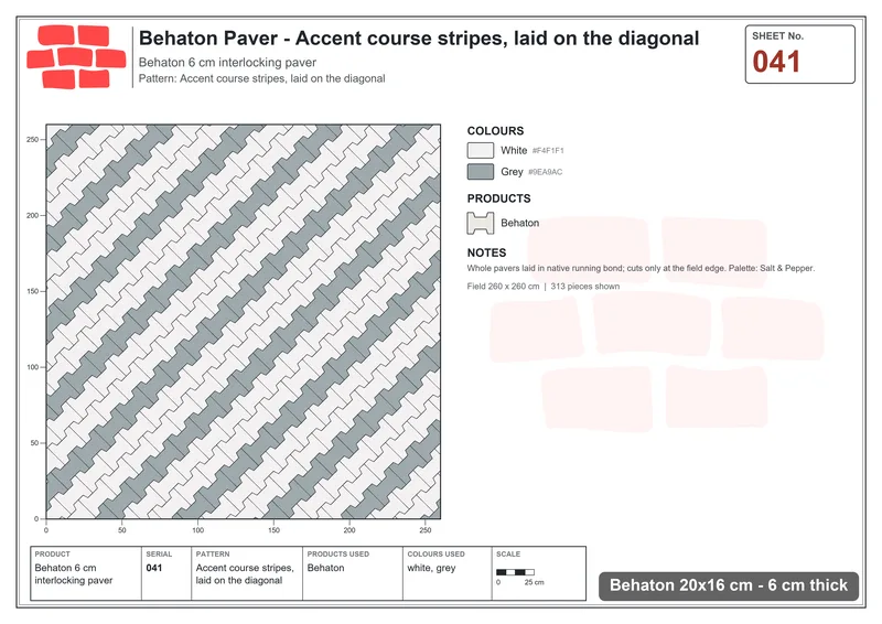 Interlock (Pasco) 20x16 cm · BEH-041 · Accent course stripes, laid on the diagonal · Laying plan