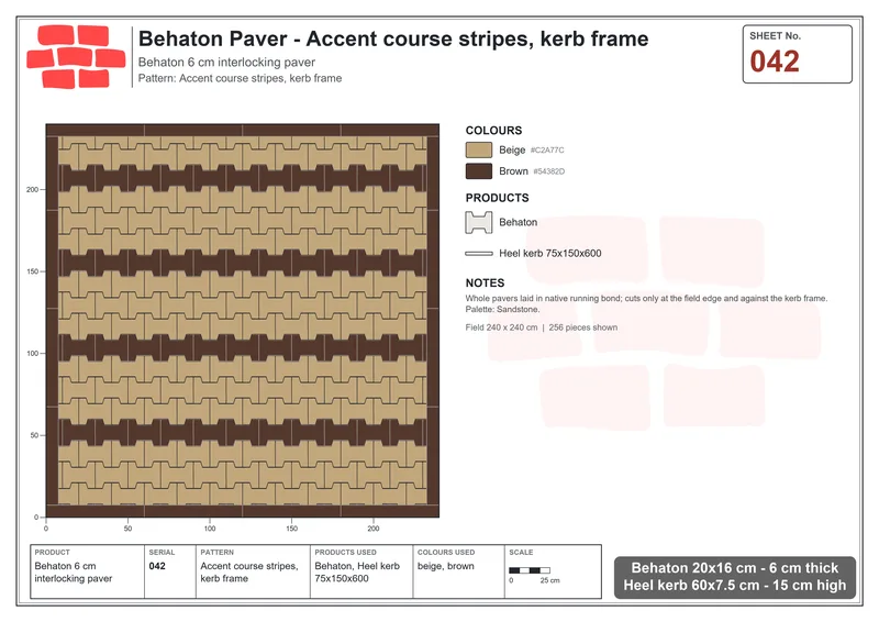 Interlock (Pasco) 20x16 cm · BEH-042 · Accent course stripes, kerb frame · Laying plan