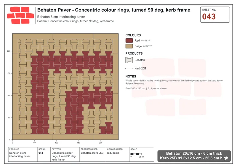Interlock (Pasco) 20x16 cm · BEH-043 · Concentric colour rings, turned 90 deg, kerb frame · Laying plan
