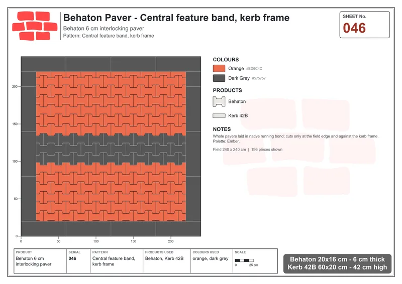 Interlock (Pasco) 20x16 cm · BEH-046 · Central feature band, kerb frame · Laying plan