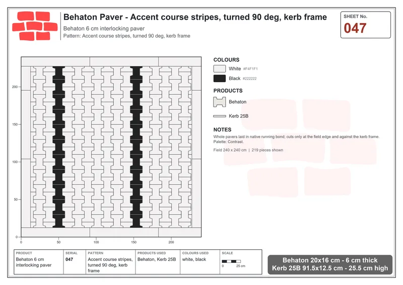 Interlock (Pasco) 20x16 cm · BEH-047 · Accent course stripes, turned 90 deg, kerb frame · Laying plan