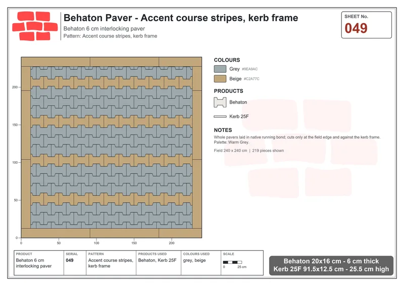 Interlock (Pasco) 20x16 cm · BEH-049 · Accent course stripes, kerb frame · Laying plan