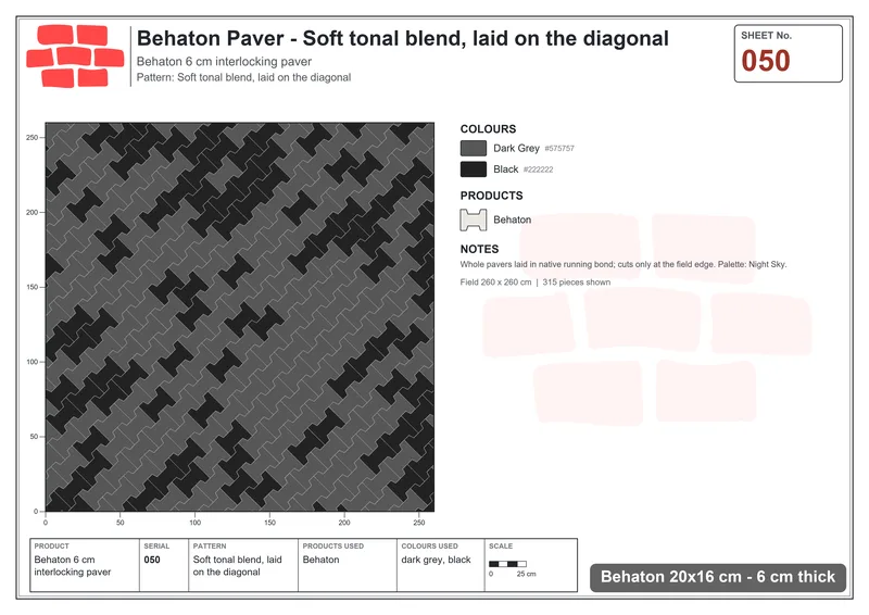 Interlock (Pasco) 20x16 cm · BEH-050 · Soft tonal blend, laid on the diagonal · Laying plan