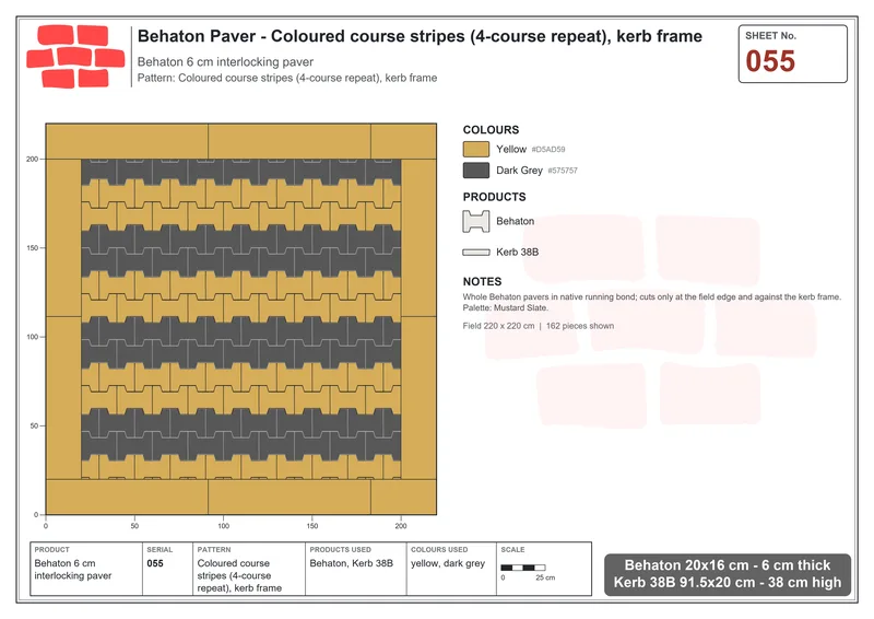 Interlock (Pasco) 20x16 cm · BEH-055 · Coloured course stripes (4-course repeat), kerb frame · Laying plan