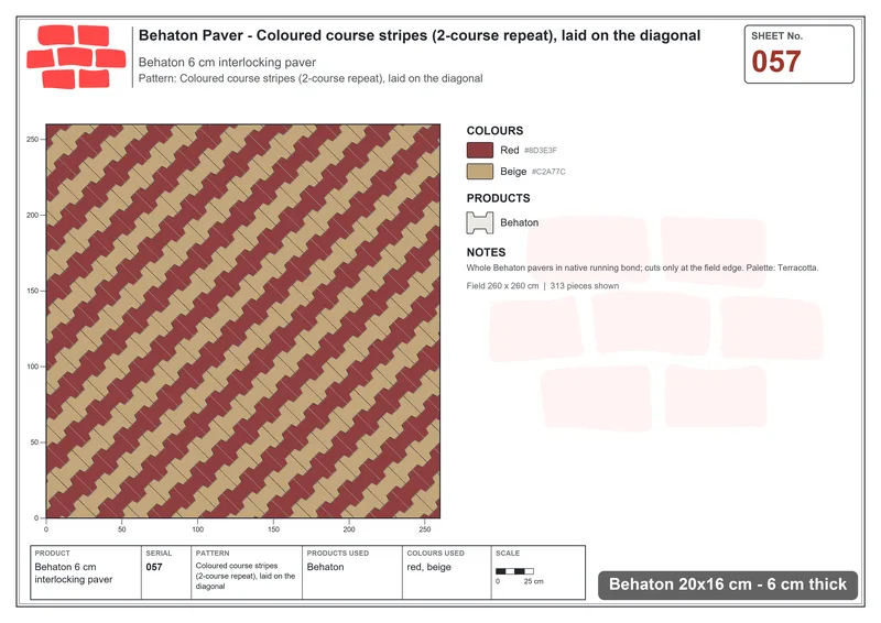 Interlock (Pasco) 20x16 cm · BEH-057 · Coloured course stripes (2-course repeat), laid on the diagonal · Laying plan