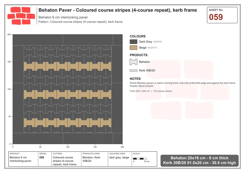 Interlock (Pasco) 20x16 cm · BEH-059 · Coloured course stripes (4-course repeat), kerb frame · Laying plan