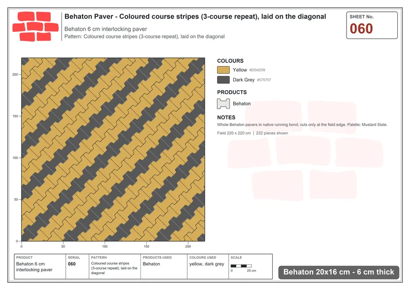 Interlock (Pasco) 20x16 cm · BEH-060 · Coloured course stripes (3-course repeat), laid on the diagonal · Laying plan