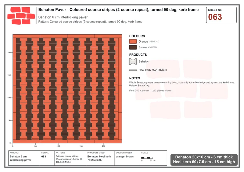 Interlock (Pasco) 20x16 cm · BEH-063 · Coloured course stripes (2-course repeat), turned 90 deg, kerb frame · Laying plan