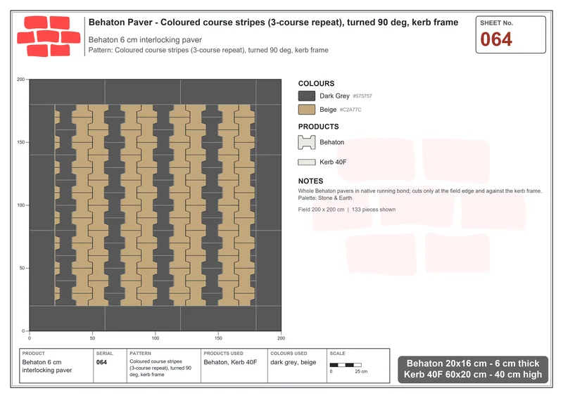 Interlock (Pasco) 20x16 cm · BEH-064 · Coloured course stripes (3-course repeat), turned 90 deg, kerb frame · Laying plan