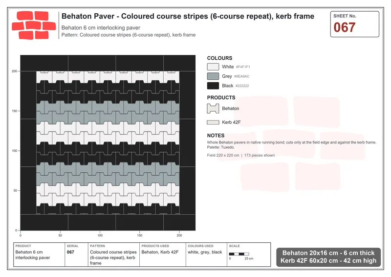 Interlock (Pasco) 20x16 cm · BEH-067 · Coloured course stripes (6-course repeat), kerb frame · Laying plan