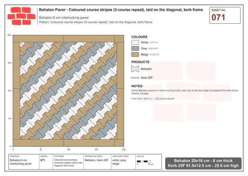 Interlock (Pasco) 20x16 cm · BEH-071 · Coloured course stripes (3-course repeat), laid on the diagonal, kerb frame · Laying plan