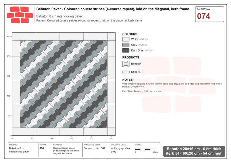 Interlock (Pasco) 20x16 cm · BEH-074 · Coloured course stripes (4-course repeat), laid on the diagonal, kerb frame · Laying plan