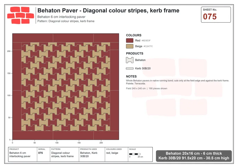 Interlock (Pasco) 20x16 cm · BEH-075 · Diagonal colour stripes, kerb frame · Laying plan